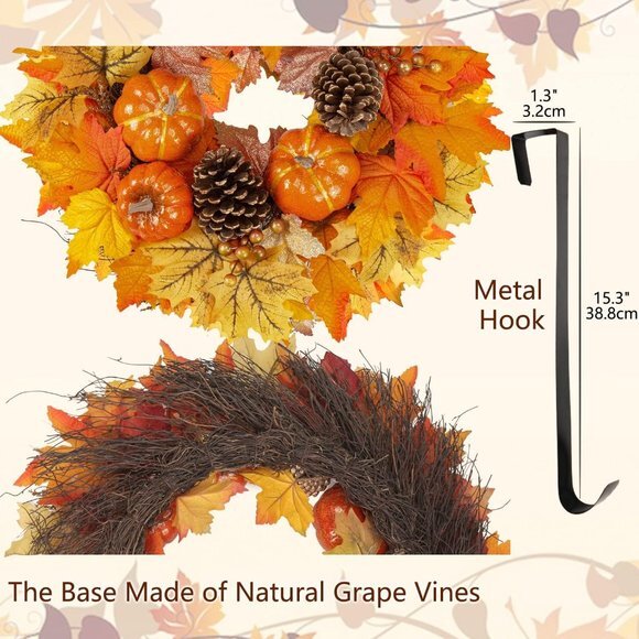 Fall Wreaths for Front Door, 20" Autumn Wreath with Hangers, Large Silk Maple - Picture 2 of 6